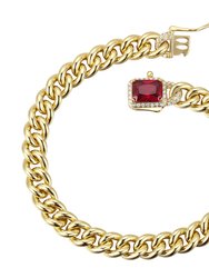 14k Gold Plated With Ruby & Diamond Cubic Zirconia Halo Cluster Curb Chain Bracelet In Sterling Silver - Gold/Red