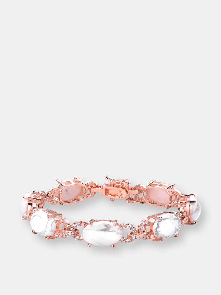 .925 Sterling Silver Rose Gold Plated Howlite And Cubic Zirconia Link Bracelet - Rose Gold