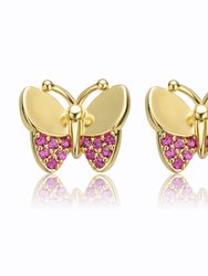 Children's 14k Gold Plated With Ruby Cubic Zirconia Pave Butterfly Stud Earrings