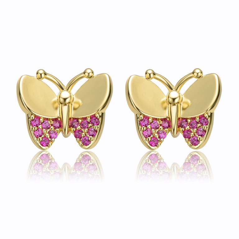 Children's 14k Gold Plated With Ruby Cubic Zirconia Pave Butterfly Stud Earrings