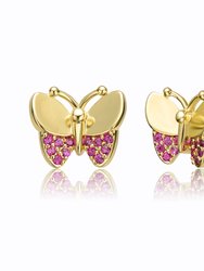 Children's 14k Gold Plated With Ruby Cubic Zirconia Pave Butterfly Stud Earrings - Gold/Red