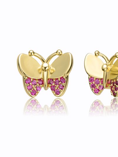 Genevive Children's 14k Gold Plated With Ruby Cubic Zirconia Pave Butterfly Stud Earrings product