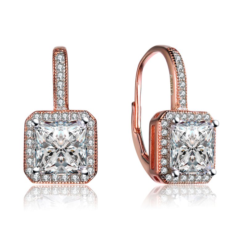 Cubic Zirconia Sterling Silver Gold Plated Square Stud Earrings - Pink