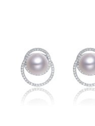 Cubic Zirconia Sterling Silver White Gold Plated with Round Pearl Earrings - Silver