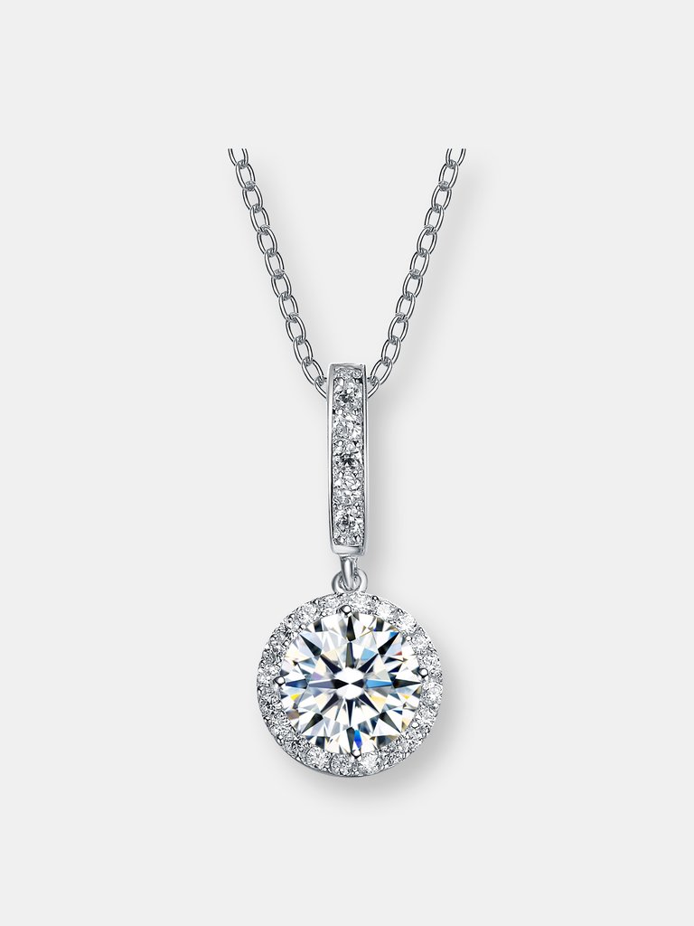 C.z. Ss Rhodium Plated Round Drop Pendant - Silver