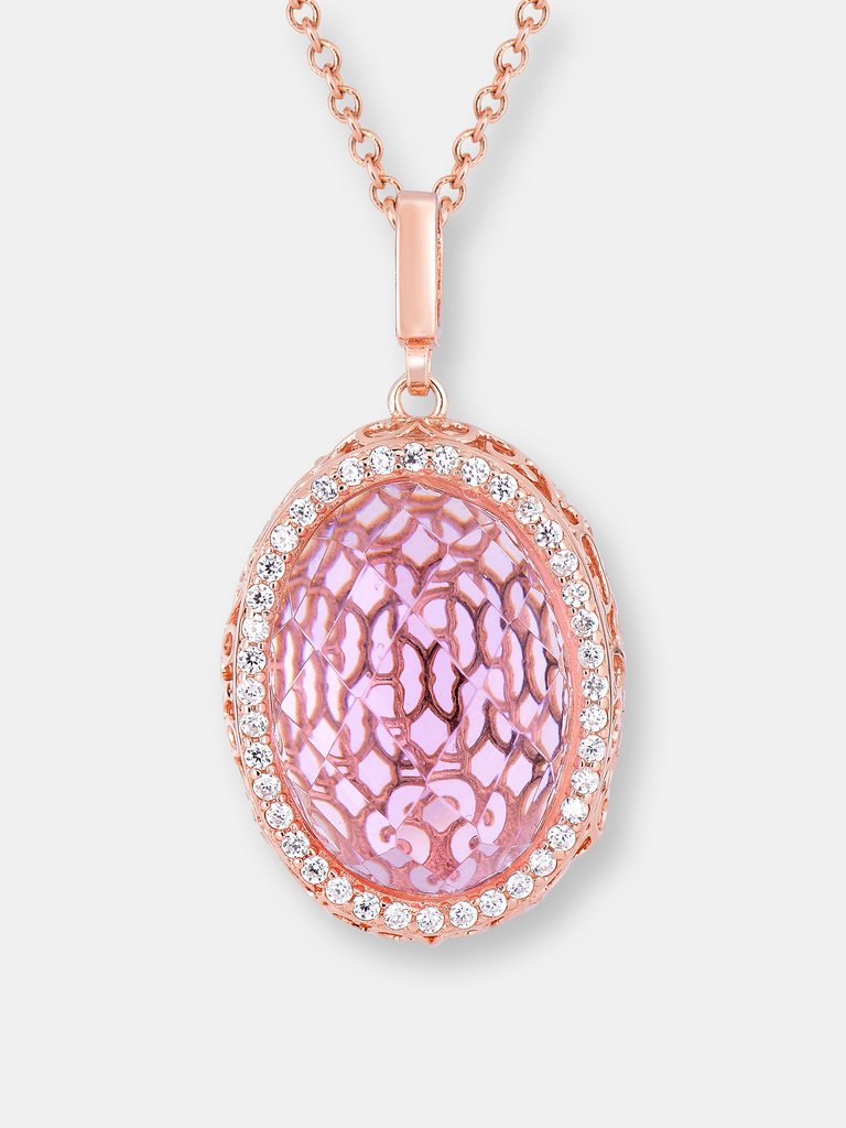 C.z. Ss Rose Plated Pink Oval Pendant - Pink