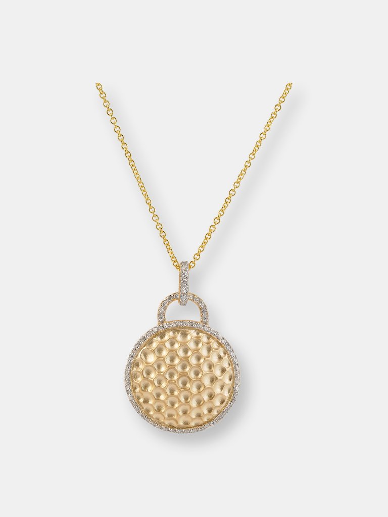 C.z. Sterling Silver Gold Plated Round Hammered Drop Pendant - Gold