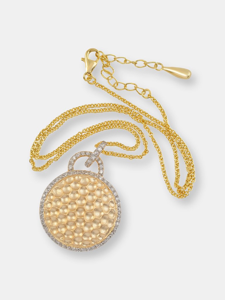 C.z. Sterling Silver Gold Plated Round Hammered Drop Pendant