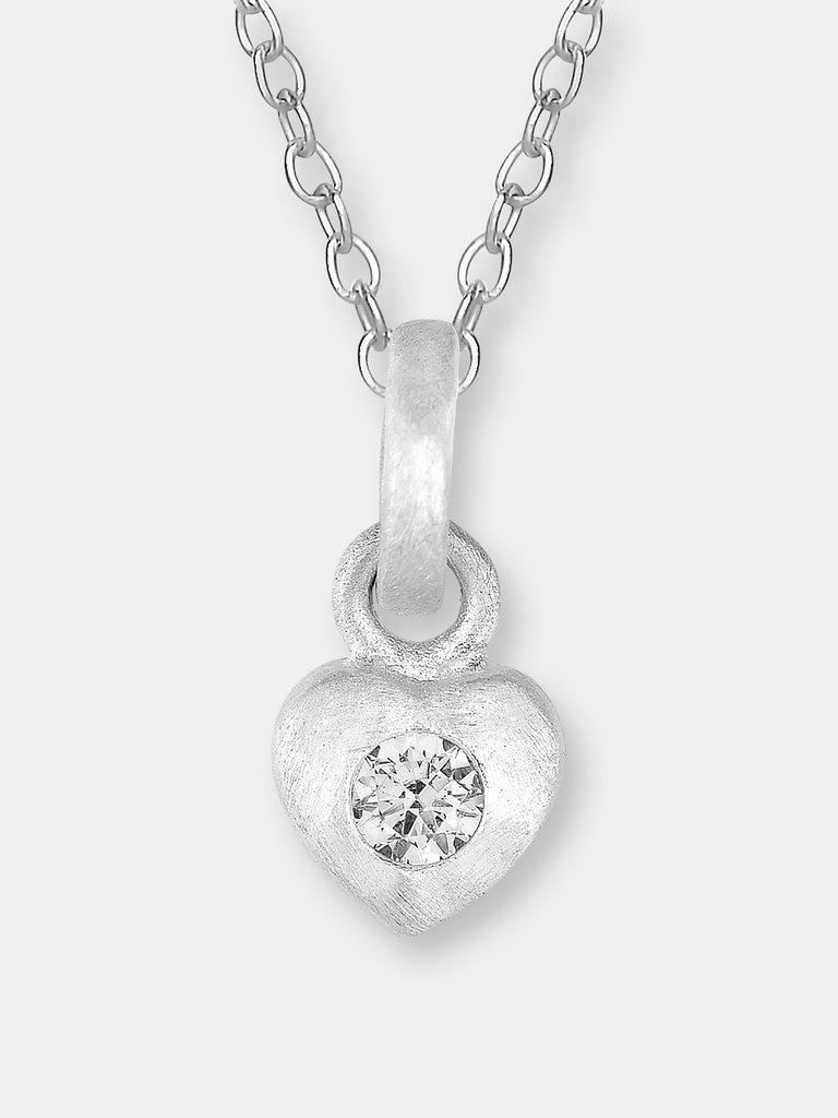 C.z. Sterling Silver Rhodium Plated Brushed Bezzel Set Heart Shape Pendant - Silver