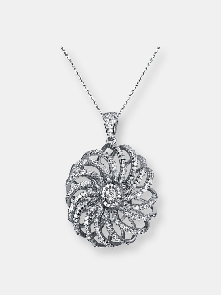 C.z. Sterling Silver Rhodium Plated Round Fancy Pendant - Sterling Silver