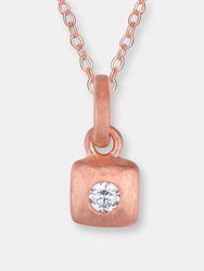 C.z. Sterling Silver Rose Plated Brushed Square Shape Drop Pendant - Rose Plated