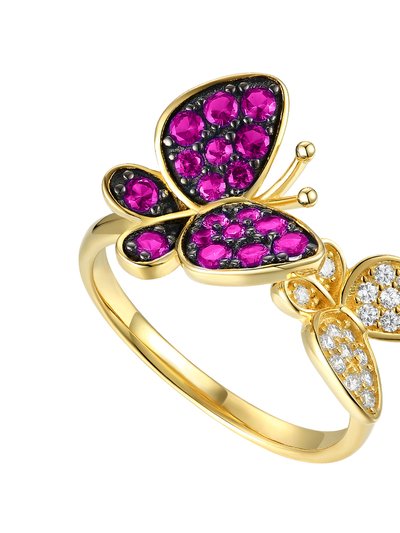 Genevive Genevive 14k Gold Plated Sterling Silver with Ruby & Diamond Cubic Zirconia Double Butterfly Stacking Ring product