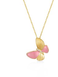 Genevive Kids Sterling Silver 14k Gold Plated with Enamel & Diamond Cubic Zirconia Butterfly Pendant Necklace - Pink