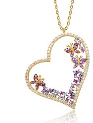 Genevive Sterling Silver 14K Gold Plated Multi Colored Cubic Zirconia Heart Necklace - Gold