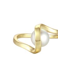 Genevive Sterling Silver 14k gold plated with 7mm White Freshwater Pearl Promise Stacking Ribbon Ring