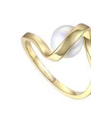 Genevive Sterling Silver 14k gold plated with 7mm White Freshwater Pearl Promise Stacking Ribbon Ring - Gold