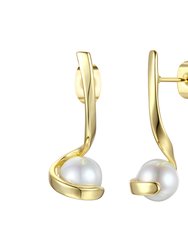 Genevive Sterling Silver 14k gold plated with 7mm White Freshwater Pearl Ribbon Gift Linear Drop Dangle Earrings - Gold