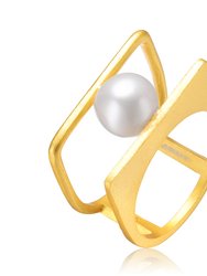 Genevive Sterling Silver 14k Gold Plated with White Freshwater Pearl Double Band Geometric Square Stacked Ring - Gold