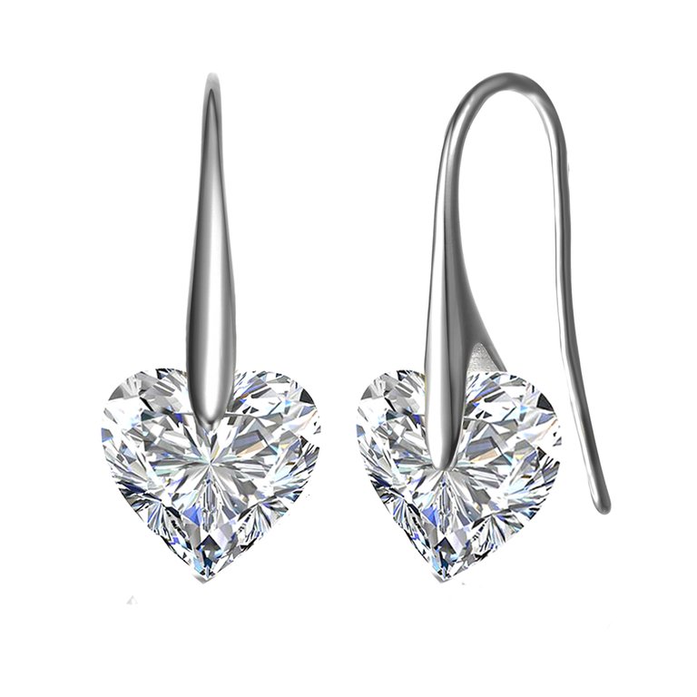 GENEVIVE Sterling Silver Cubic Zirconia Heart Hook Earrings - White