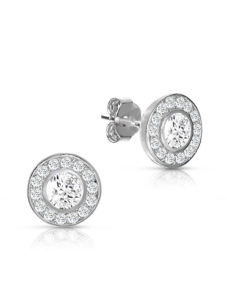 Genevive Sterling Silver Cubic Zirconia Round Stud Earrings - White