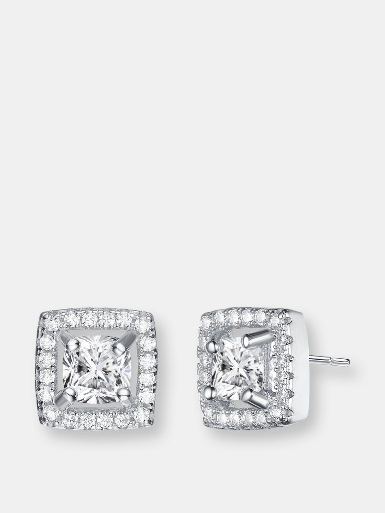 Genevive Sterling Silver Cubic Zirconia Square Halo Stud Earrings - Silver