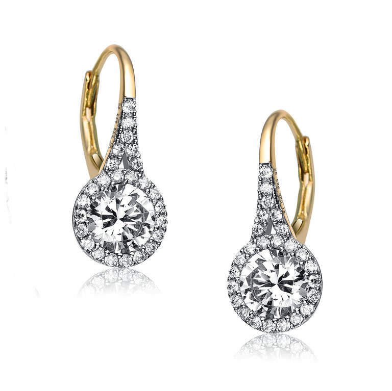GENEVIVE Sterling Silver Gold Plated Cubic Zirconia Halo Leverback Drop Earrings