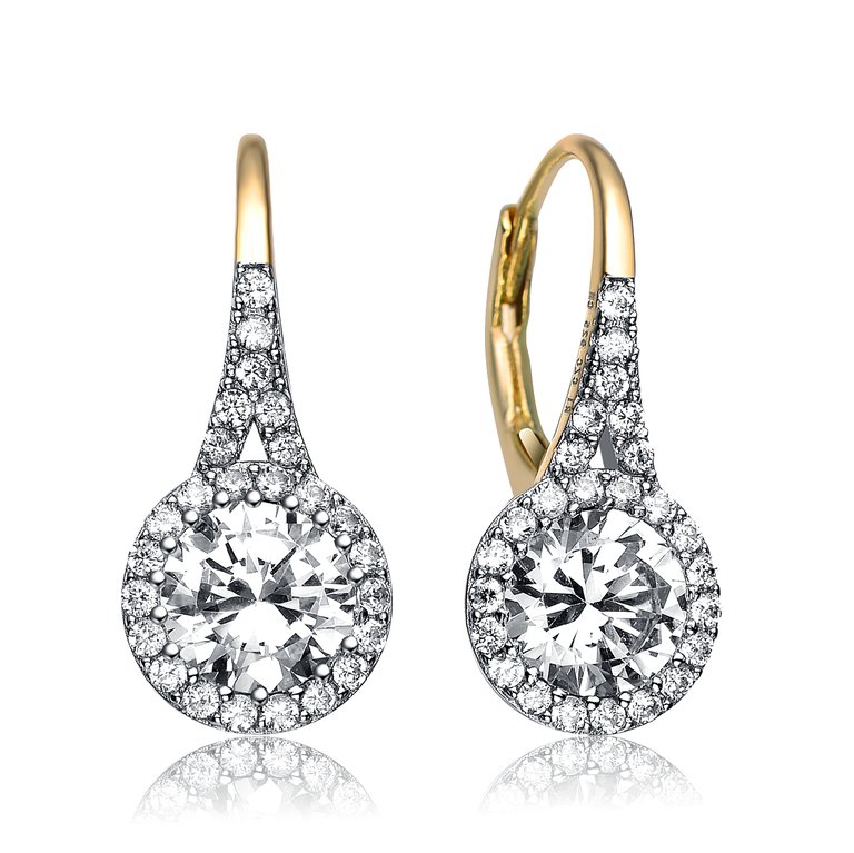 GENEVIVE Sterling Silver Gold Plated Cubic Zirconia Halo Leverback Drop Earrings - Gold