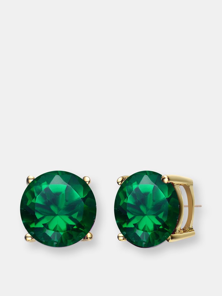 Genevive Sterling Silver Gold Plated Emerald Cubic Zirconia Solitaire Stud Earrings - Green