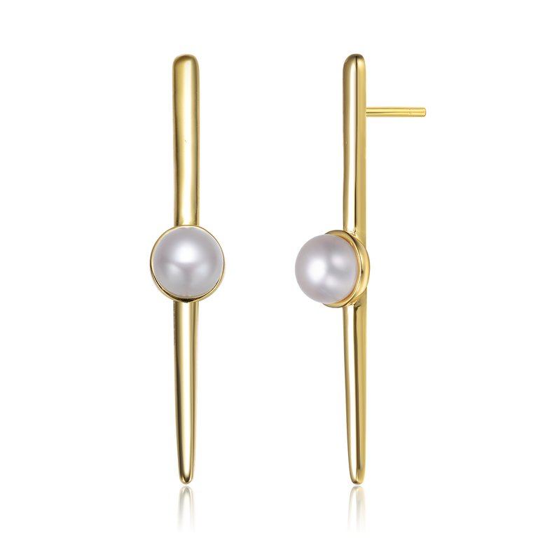 Genevive Sterling Silver Gold Plated Freshwater Pearl Bar Drop Earrings - Gold
