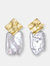 GENEVIVE Sterling Silver Gold Plated Freshwater Pearl Drop Square Earrings - Gold