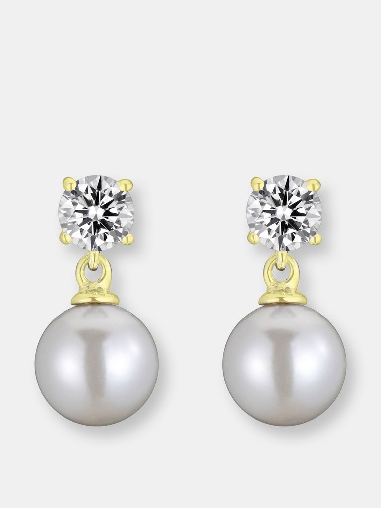 Genevive Sterling Silver Gold Plated Pearl and Cubic Zirconia Drop Earrings - Gold