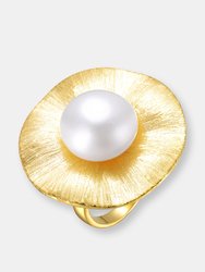 Genevive Sterling Silver Gold Plated with Genuine Freshwater Pearl Floral Ring - Gold