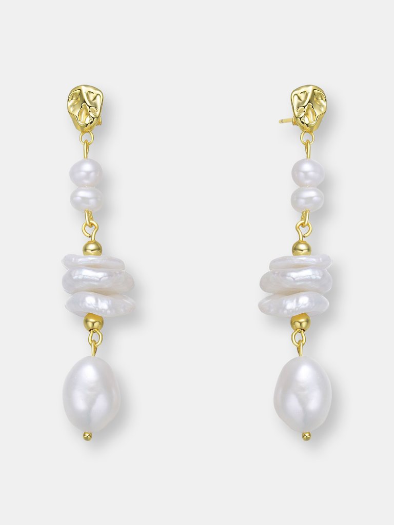 GENEVIVE Sterling Silver Gold Plating Freshwater Pearl Dangling Earrings - Gold