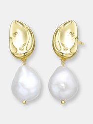 Genevive Sterling Silver Gold Plating Freshwater Pearl Dangling Earrings - Gold