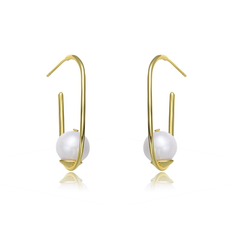 Genevive Sterling Silver Gold Plating Freshwater Pearl Hoop Earrings - Gold