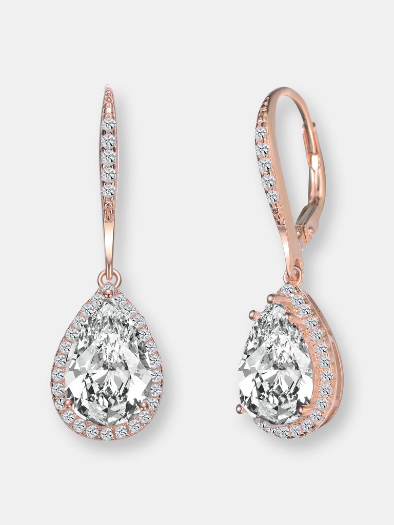 Genevive Sterling Silver Rose Gold Plated Cubic Zirconia Pear Drop Earrings - Pink
