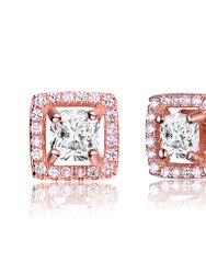 Genevive Sterling Silver Rose Gold Plated Cubic Zirconia Square Halo Stud Earrings - Pink