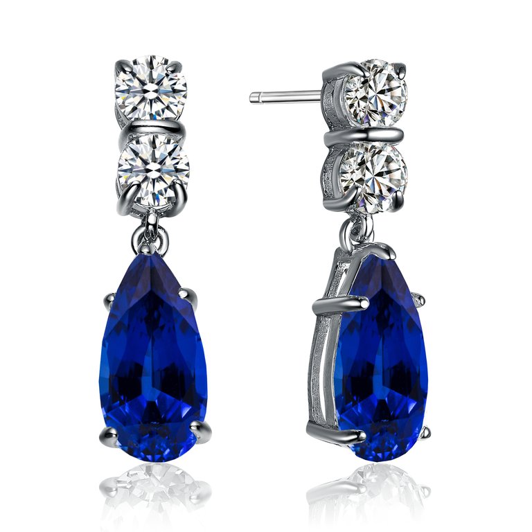 Genevive Sterling Silver Sapphire Cubic Zirconia Teardrop Earrings - Blue