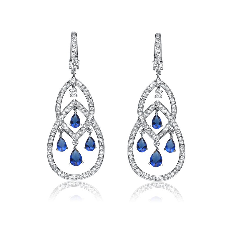 Genevive Sterling Silver Sapphire CZ Double Teardrop Chandelier Earrings - Blue