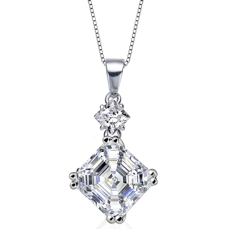 Genevive Sterling Silver White Cubic Zirconia Square Asscher-Cut Pendant Necklace - White