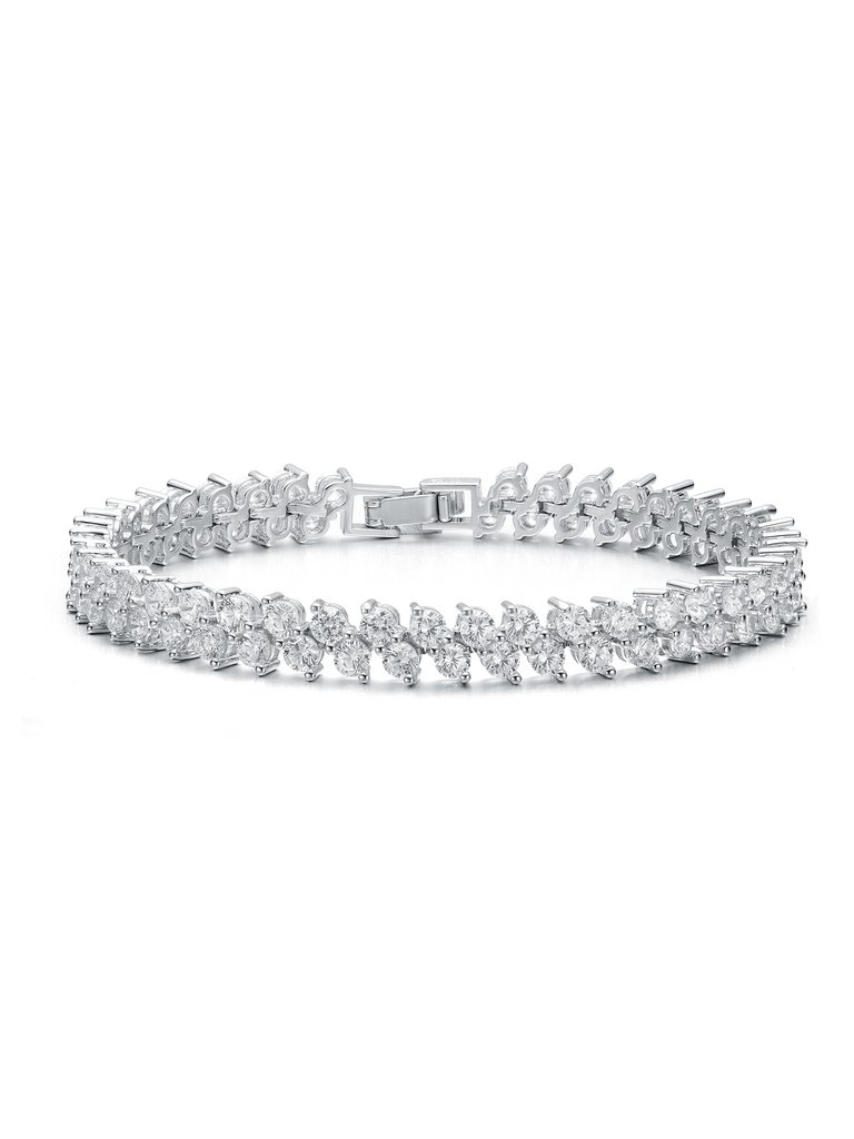Genevive Sterling Silver with Diamond Cubic Zirconia 2-Stone Cluster Link Tennis Bracelet - White
