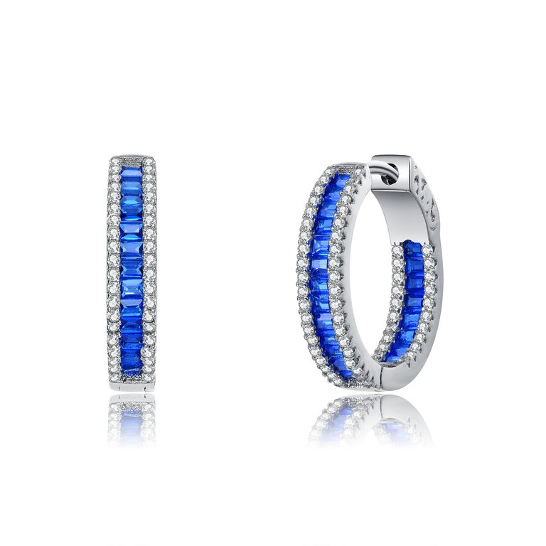 Genevive Sterling Silver with Rhodium Plated Sapphire Baguette Cubic Zirconia Hoop Earrings - Blue