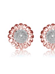 Genevive Sterling Sivler 18k Rose Gold Plated with Diamond Cubic Zirconia Pave Flower Stud Earrings - Pink