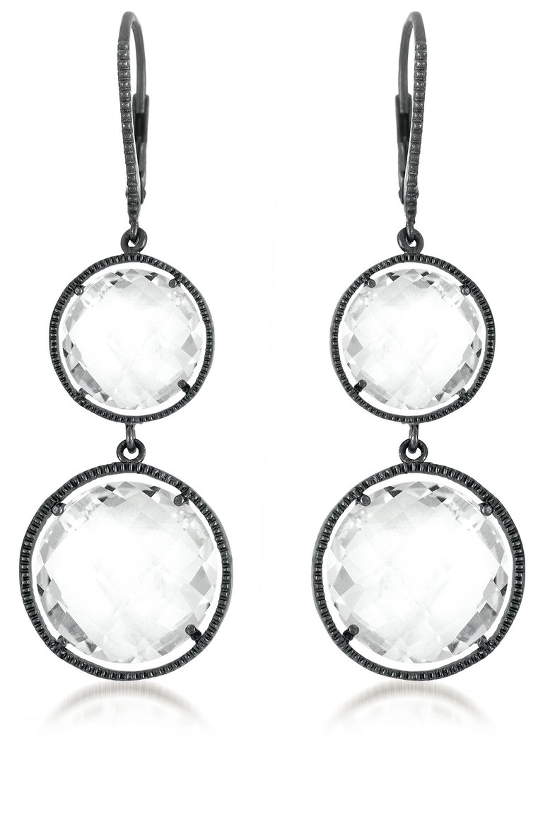GV Cubic Zirconia Sterling Silver Black Plated or clear Double Round Clear Quartz Drop Earrings - Blue