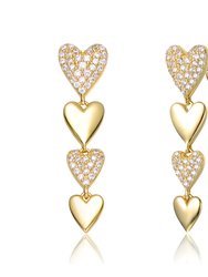 GV Sterling Silver 14k Yellow Gold Plated with Cubic Zirconia Double Stampato Heart Dangle Earrings - Gold