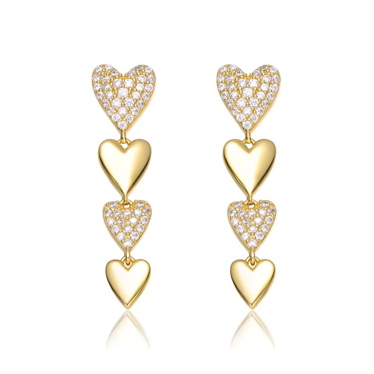 GV Sterling Silver 14k Yellow Gold Plated with Cubic Zirconia Double Stampato Heart Dangle Earrings