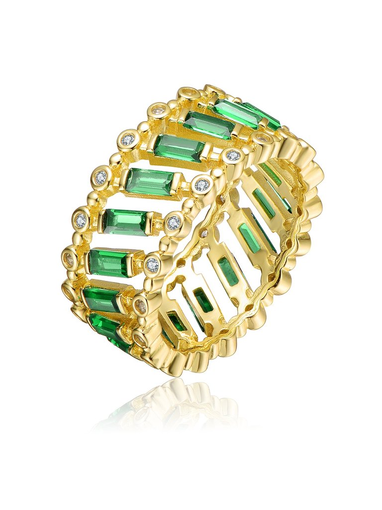 GV Sterling Silver 14k Yellow Gold Plated with Emerald & Baguette Eternity Band Ring - Green