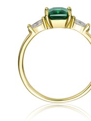 GV Sterling Silver 14k Yellow Gold Plated with Emerald & Cubic Zirconia 3-Stone Engagement Anniversary Ring