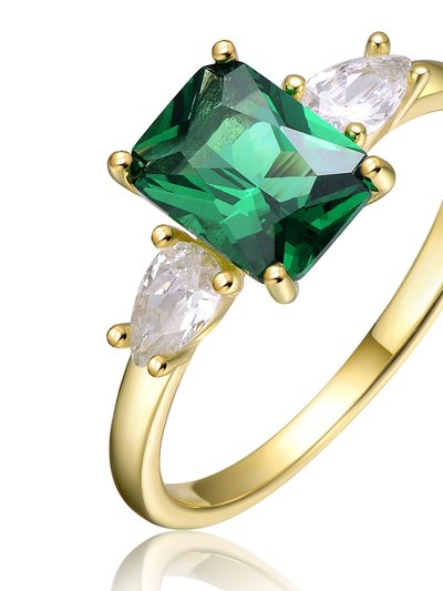 Genevive GV Sterling Silver 14k Yellow Gold Plated with Emerald & Cubic Zirconia 3-Stone Engagement Anniversary Ring product