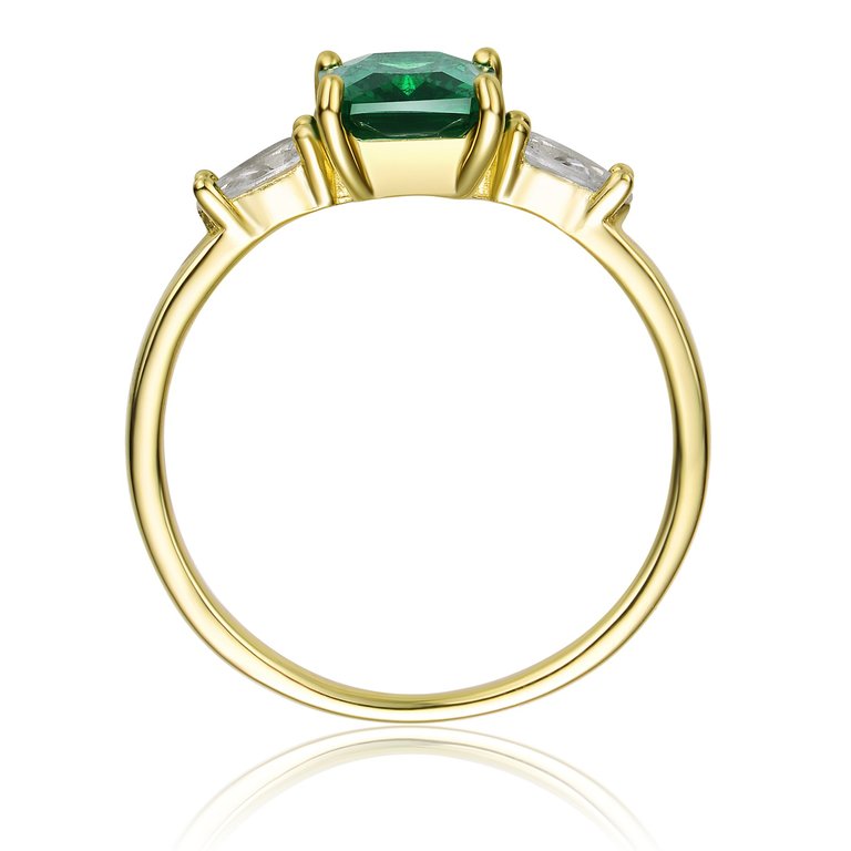 GV Sterling Silver 14k Yellow Gold Plated with Emerald & Cubic Zirconia 3-Stone Engagement Anniversary Ring
